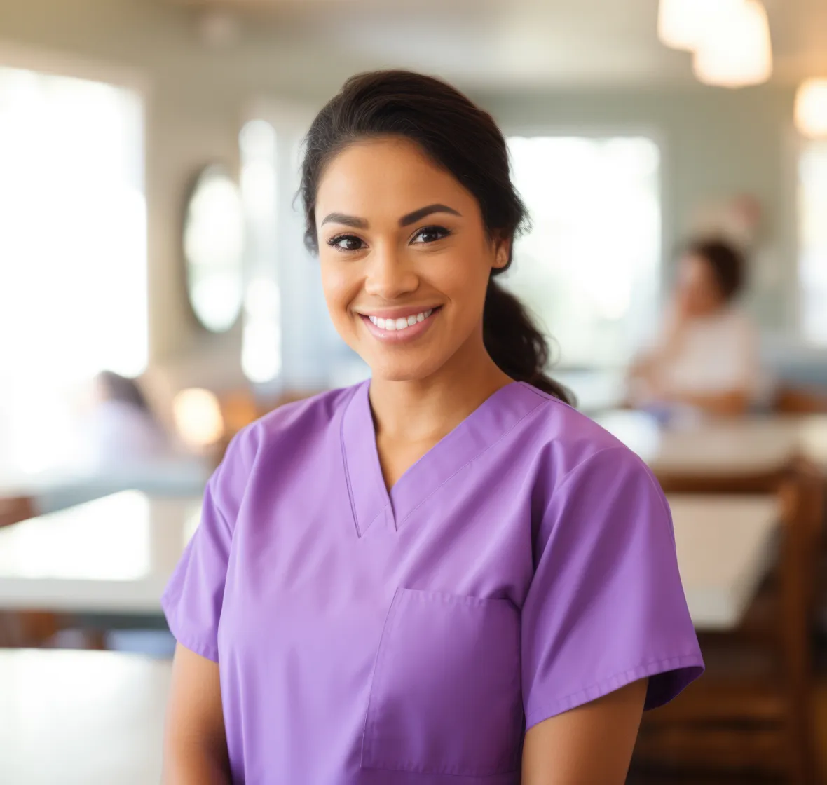 A nurse in purple scrubs smiles at the camera.