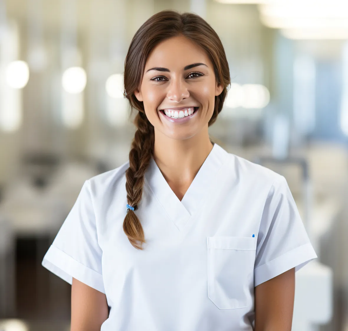 A woman in a white scrub top smiles at the camera.