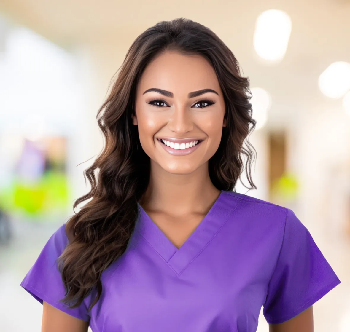 Smiling nurse wearing purple scrub