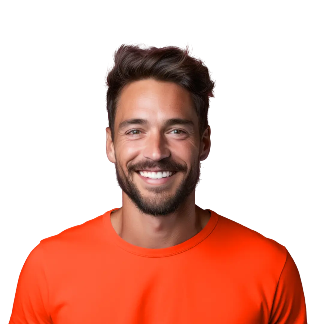 Young white male smiling wearing an orange t-shirt