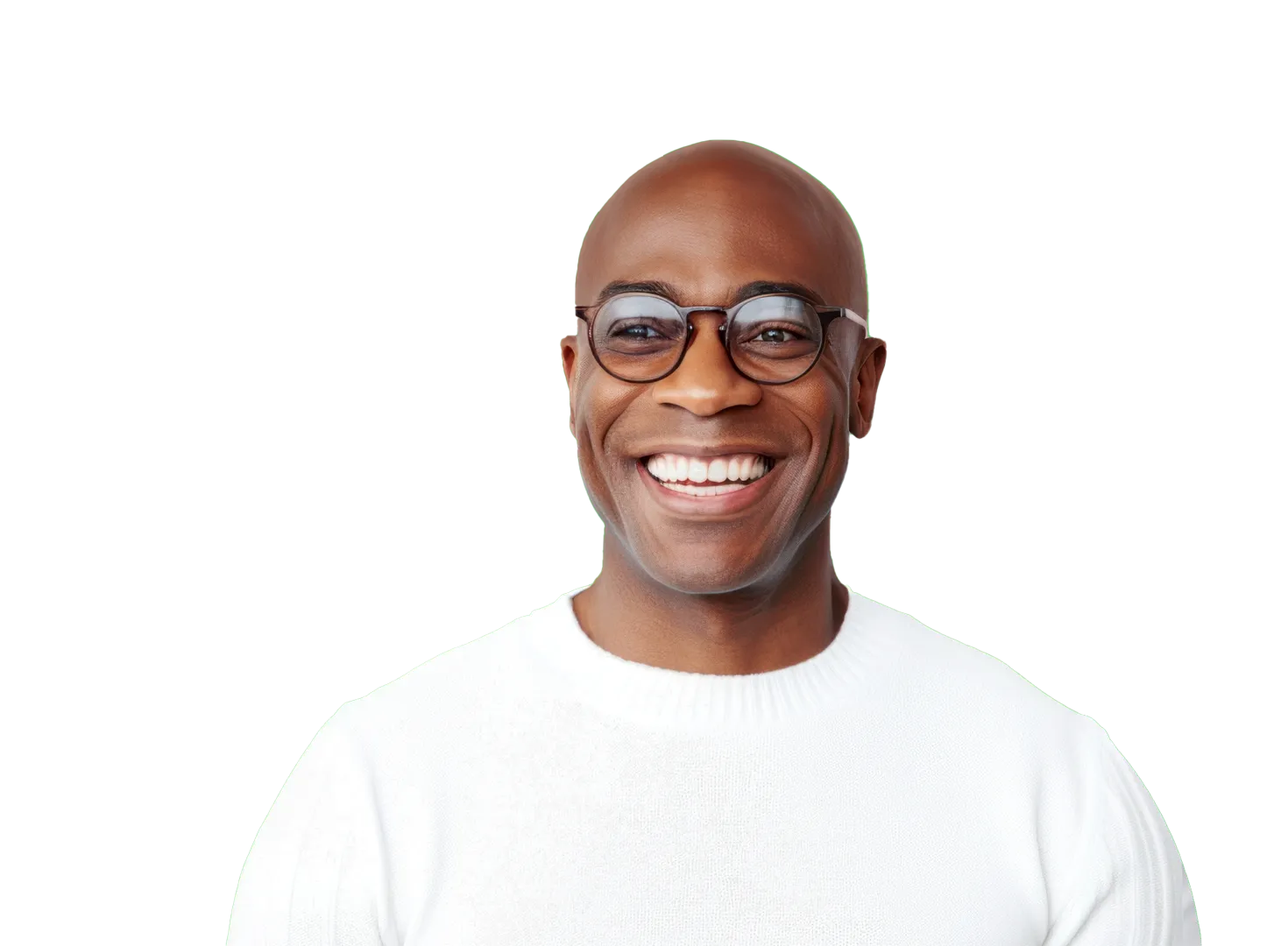 Black male smiling wearing a white sweater