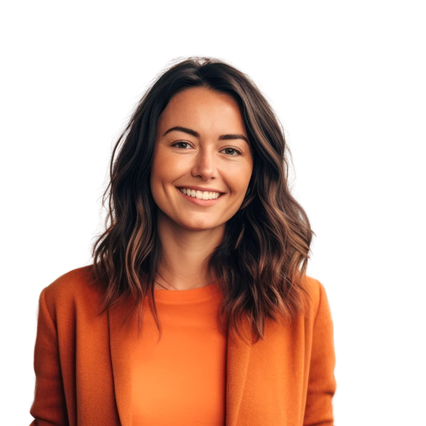 Young smiling woman wearing orange sweater