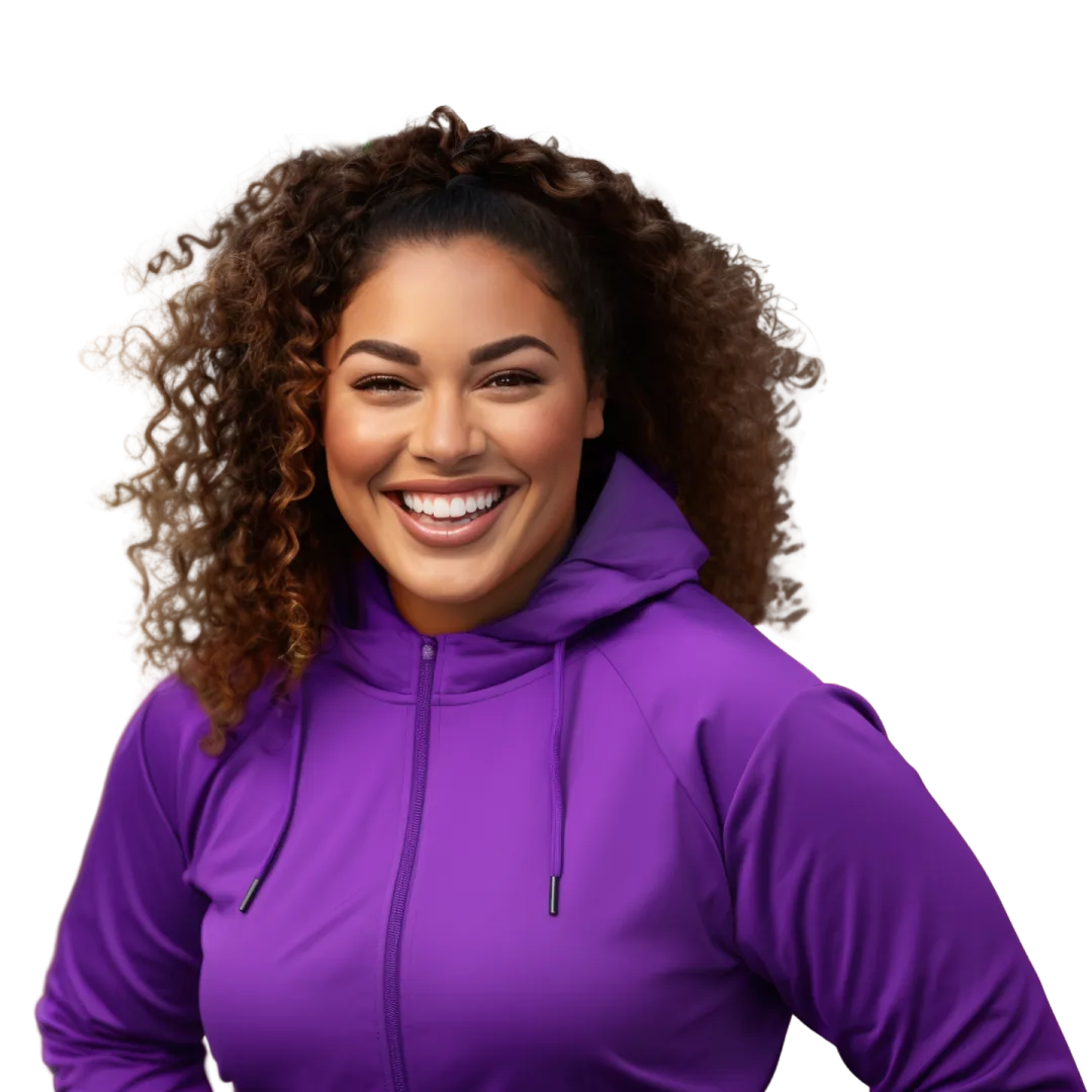 Smiling woman wearing a purple hoodie