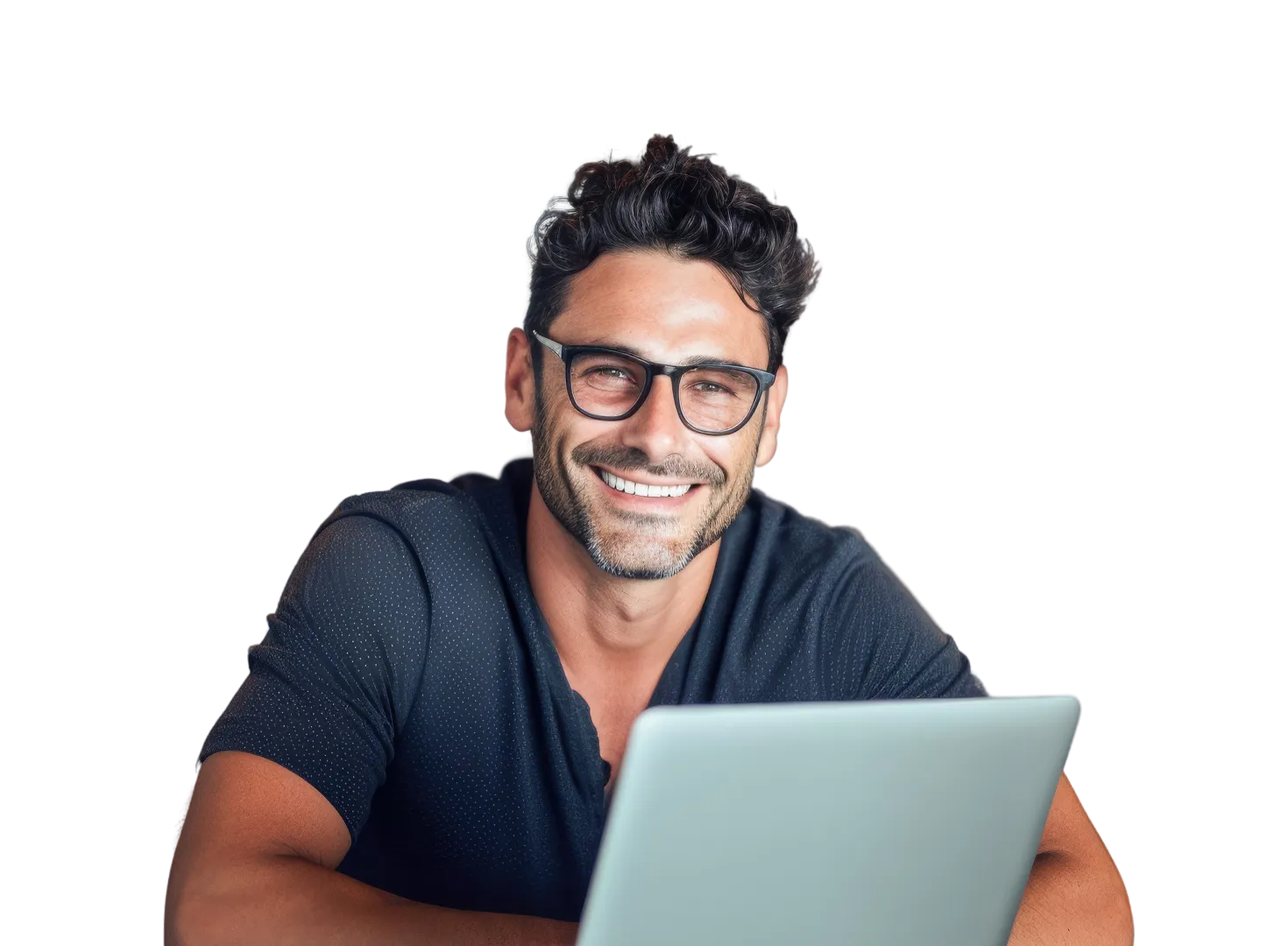 Middle age man smiling in front of laptop computer