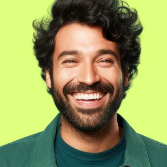 A man with curly hair and a beard smiling.