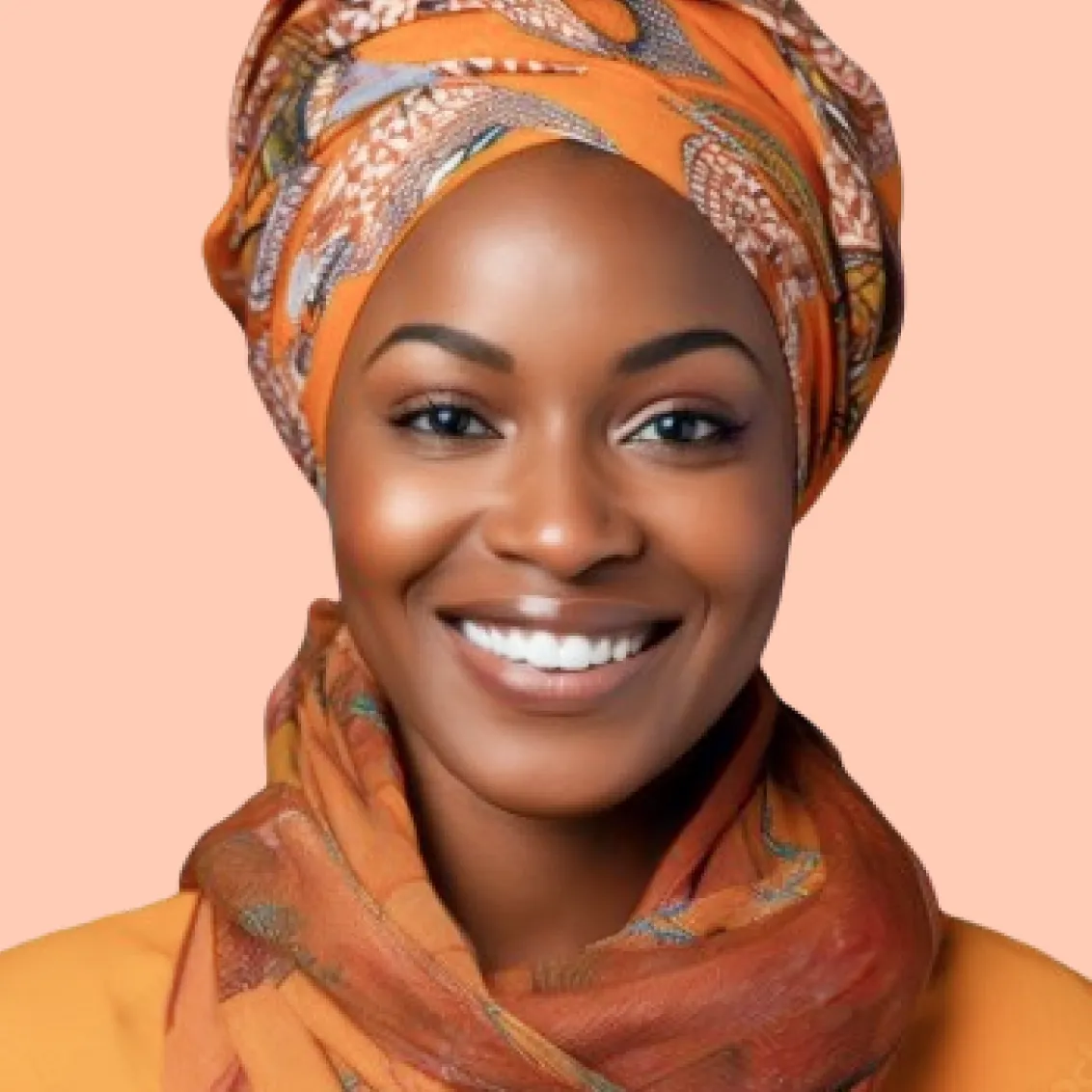 Smiling woman wearing a silk headwrap