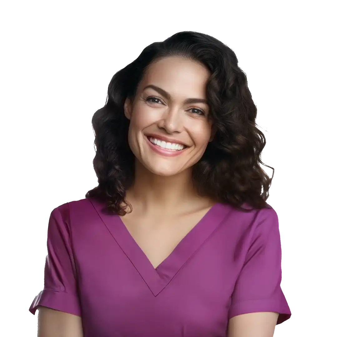 Smiling Nurse Practitioner wearing a purple scrub