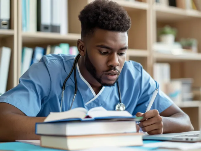 Paramedic studying at desk with laptop