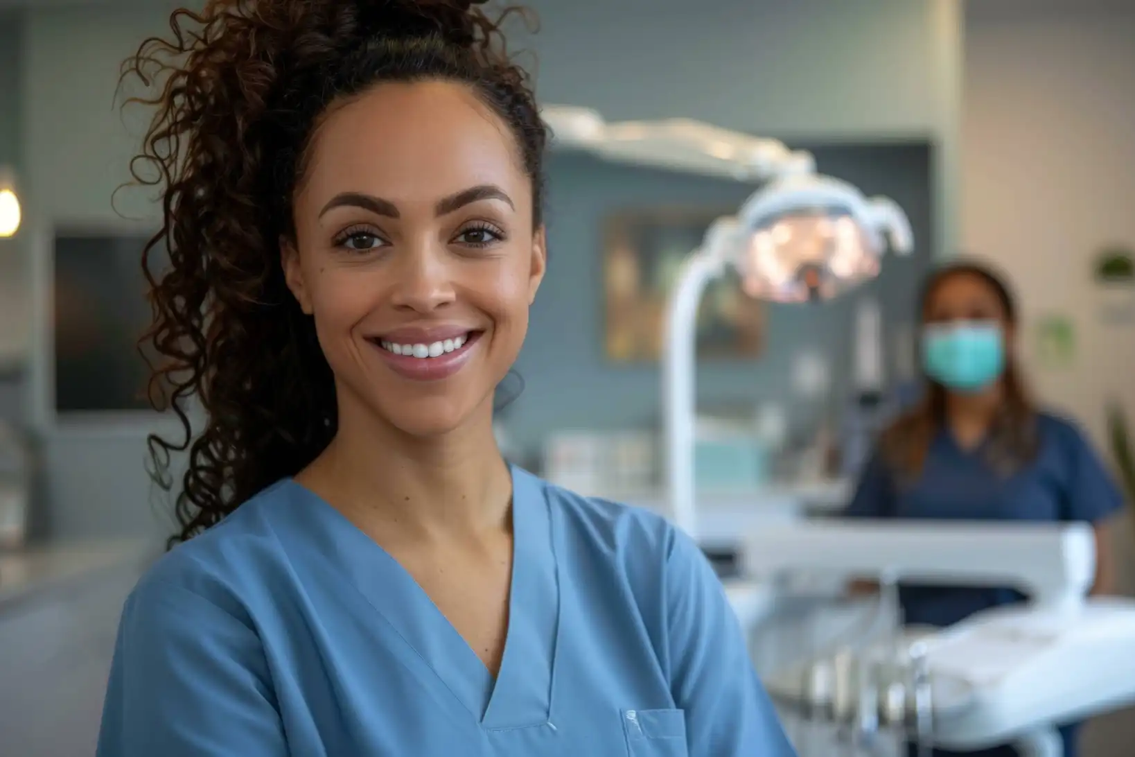 A smiling dental hygienist at the office.