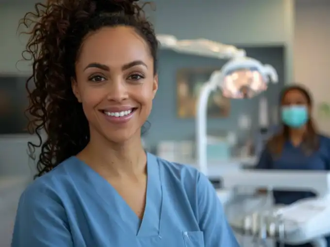 A smiling dental hygienist at the office.